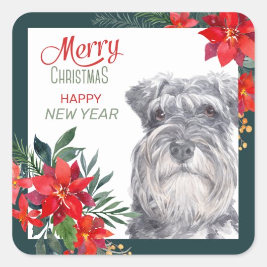Schnauzer Poinsettia Bordure Sticker de Noël (Devant)
