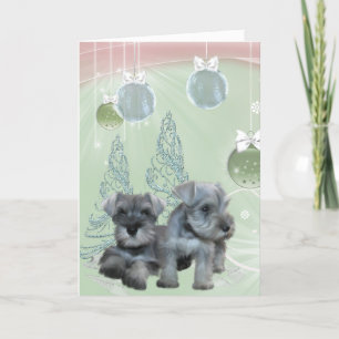 Schnauzer Puppies Roze & Groene Kerstkaart Feestdagen Kaart