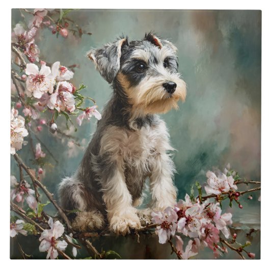 Schnauzer Puppy Among Spring Cherry Blossoms Tegeltje (Voorkant)