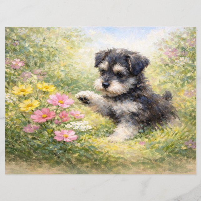 Schnauzer Puppy Springtime Flowers Scrapbook Paper (Achterkant)