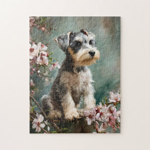 Schnauzer Puppy Tussen Lente Kersenbloesems Legpuzzel
