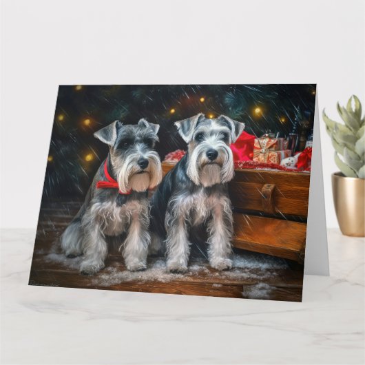 Schnauzer Snowy Sleigh Kerstdecoratie Kaart (Kleine Plant)