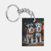 Schnauzer Snowy Sleigh Kerstdecoratie Sleutelhanger (Voorkant Links)