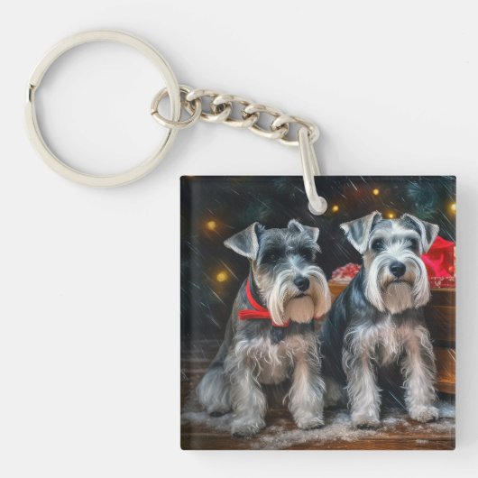 Schnauzer Snowy Sleigh Kerstdecoratie Sleutelhanger (Voorkant)