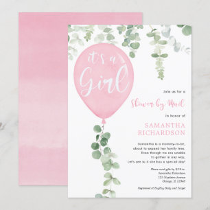 Schoel per post roze ballon eucalyptus baby shower kaart