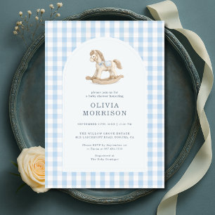 Schommelend Paard Blauw Gingham Baby Shower Kaart