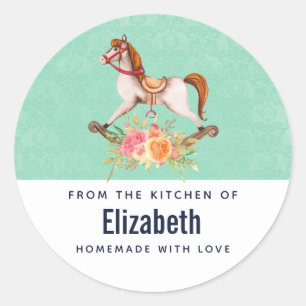  schommelpaard met bloemenboeket keuken ronde sticker