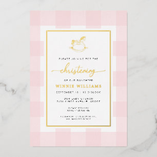 Schommelpaard Roze Gingham Doop Folie Uitnodiging