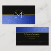 Schone Elegant Monogram Blauw Faux Leder en zwart Visitekaartje (Voorkant / Achterkant)