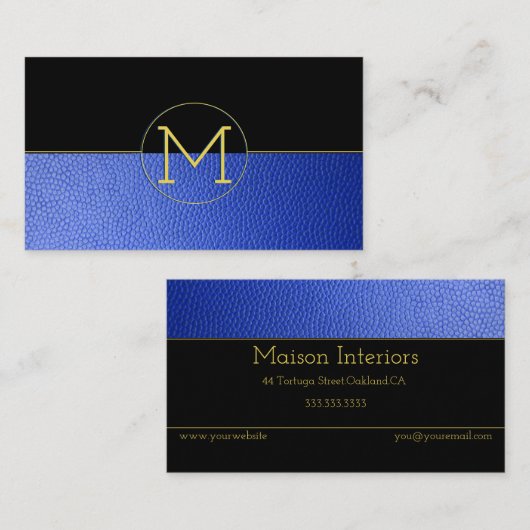 Schone Elegant Monogram Blauw Faux Leder en zwart Visitekaartje (Voorkant / Achterkant)