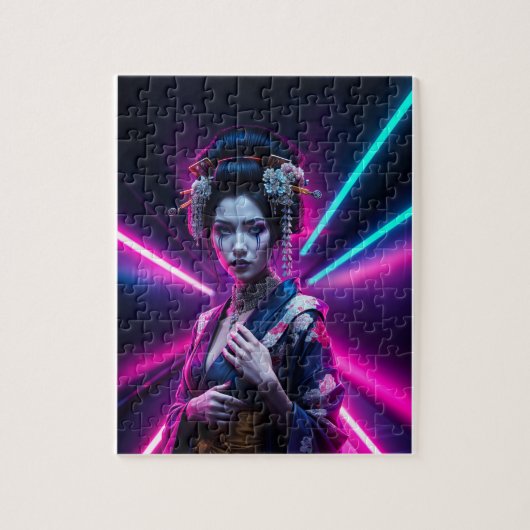 Schöne Geisha Puzzle mit Neon Hintergrund – Elegan (Vertical)