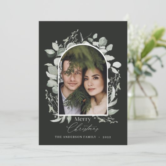 Schone moderne elegante botanische groene grijze f feestdagenkaart (Staand voorkant)