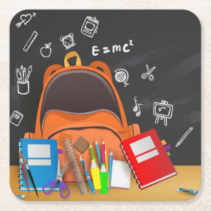 School Bag, Pencils, Ruler, Boeken en Schaar Vierkante Kartonnen Onderzetter