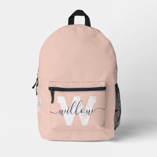 School Blush Roze Script Typografie Monogram Bedrukte Rugzak (Voorkant)