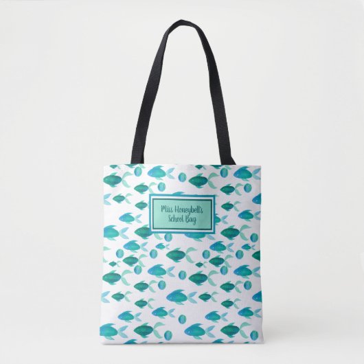 School Fish Ocean Blue Green Gepersonaliseerde ler Draagtas (Voorkant)