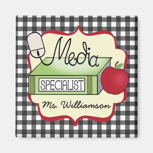School Media Specialist - Grey Gingham Magneet (Voorkant)
