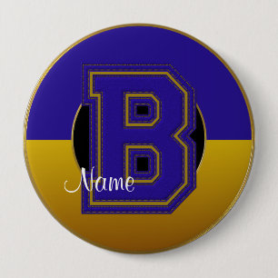 School Monogrammed Button, Blue-Gold Letter B Ronde Button 4,0 Cm