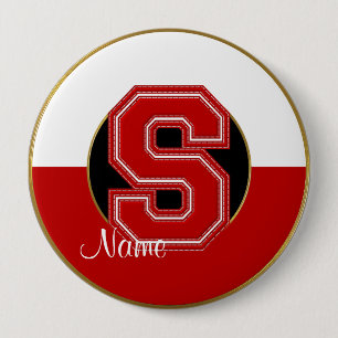 School Monogrammed Button, Red-White Letter S Ronde Button 4,0 Cm