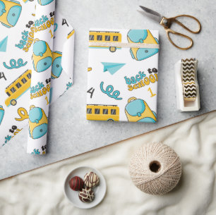 School Naadloos inpakpapier: nummers, tas, bus Cadeaupapier