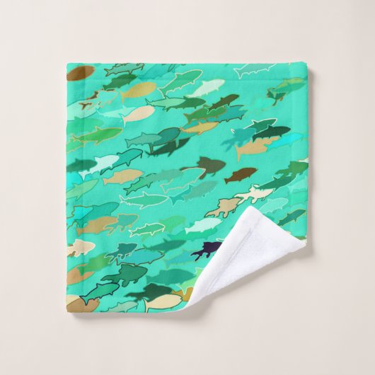 School of Fish, Aqua, Green and Gold Bad Handdoek (Wasdoekje)