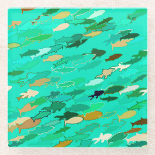 School of Fish, Aqua, Green and Gold Glazen Onderzetter