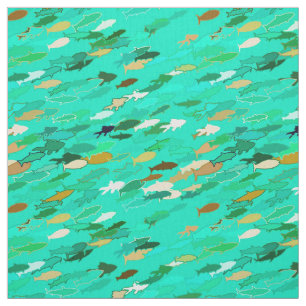School of Fish, Aqua, Green and Gold Stof