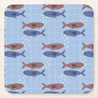 School of Fish Blauwe Rasterpatroon Notitieboek Vierkante Kartonnen Onderzetter
