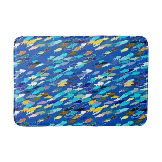 School of Fish, Dark Blue, White en Turquoise Badmat (Voorkant)