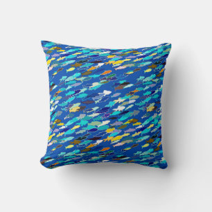 School of Fish, Dark Blue, White en Turquoise Kussen