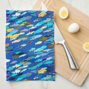 School of Fish, Dark Blue, White en Turquoise Theedoek