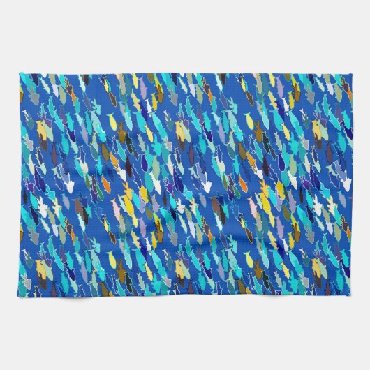 School of Fish, Dark Blue, White en Turquoise Theedoek (Horizontaal)