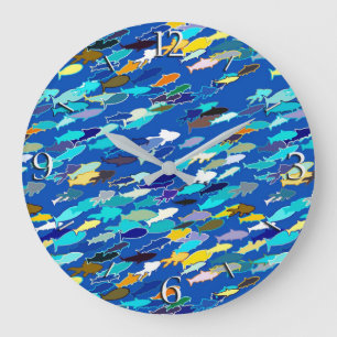 School of fish, dark blue, white, turquoise grote klok