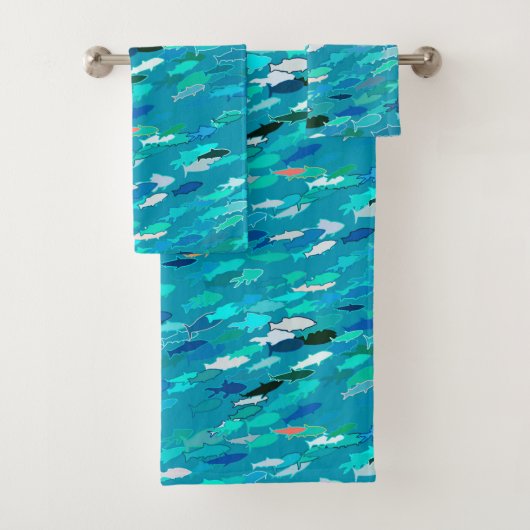 School of Fish, Turquoise, Blue en Aqua Bad Handdoek (Insitu)