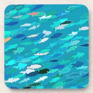 School of Fish, Turquoise, Blue en Aqua Bier Onderzetter