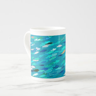 School of Fish, Turquoise, Blue en Aqua Porselein Kop