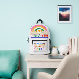 School rugzak met regenboog en open boek ontwerp