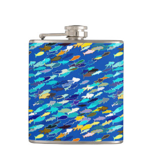 School vissen, donkerblauw, wit en turquoise heupfles