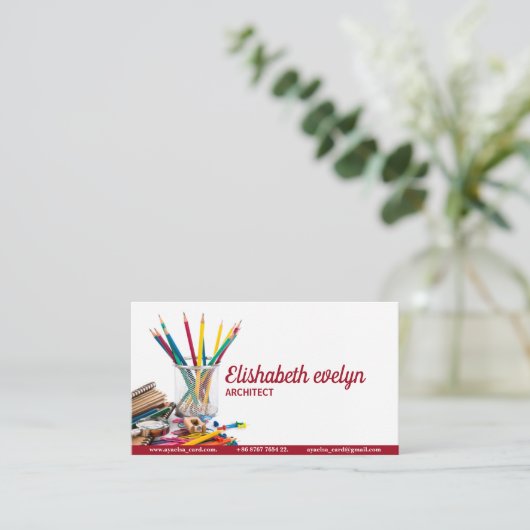 Schoolbenodigdheden, geïsoleerd op witte achtergro visitekaartje (Staand voorkant)