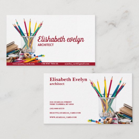 Schoolbenodigdheden, geïsoleerd op witte achtergro visitekaartje (Voorkant / Achterkant)