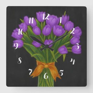 schoolbord Paarse tulpen Vierkante Klok