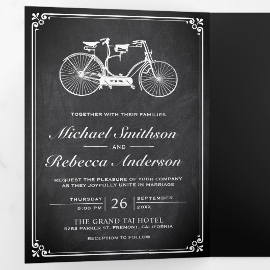 schoolbord tandem fiets bruiloft foto drieluik uitnodiging (Binnenzijde eerst)