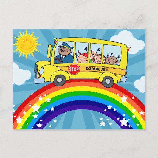 Schoolbus die op een regenboog rijdt briefkaart (Voorkant)