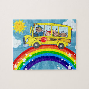 Schoolbus die op een regenboog rijdt legpuzzel