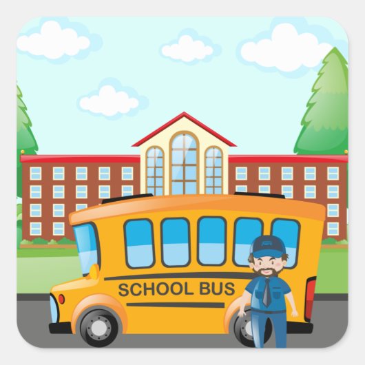 Schoolbus en -chauffeur vierkante sticker (Voorkant)