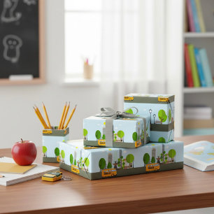 schoolbus in de stad cadeaupapier