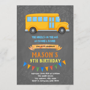 Schoolbus thema verjaardagsfeestje kaart