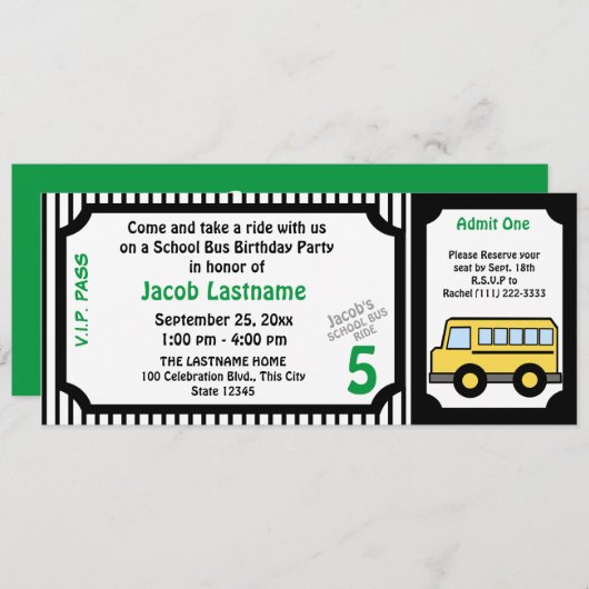Schoolbusrit Geboortedag Bus Ticket Kaart (Voorkant / Achterkant)