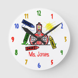 Schoolhouse & Crayons Teacher Clock Ronde Klok