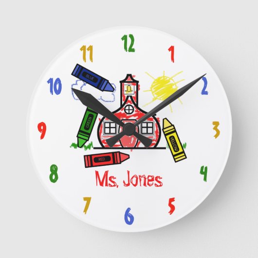 Schoolhouse & Crayons Teacher Clock Ronde Klok (Voorkant)
