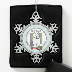 Schoolleraar Oude Engelse schapenhond (grijs 1) Tin Sneeuwvlok Ornament